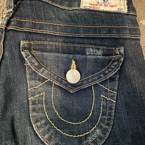 True Religion Dark Blue Boot Cut Jeans with Yellow Contrast Stitching